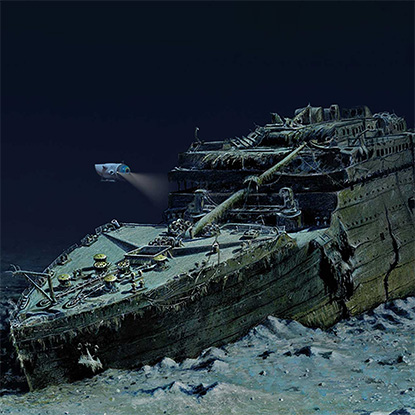 Illustrated image of the Titanic at the bottom of the ocean by Andrea Gatti, inspired by Ken Marschall
